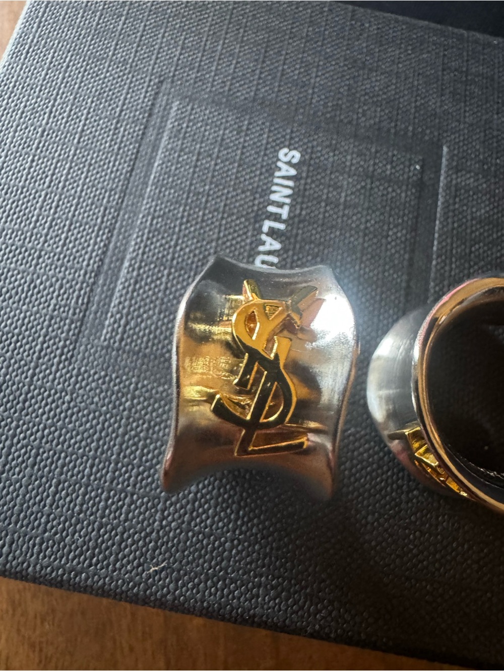 Saint Laurent Silver and Gold YSL Logo Cuff Clip Earrings - Picture 3 of 7